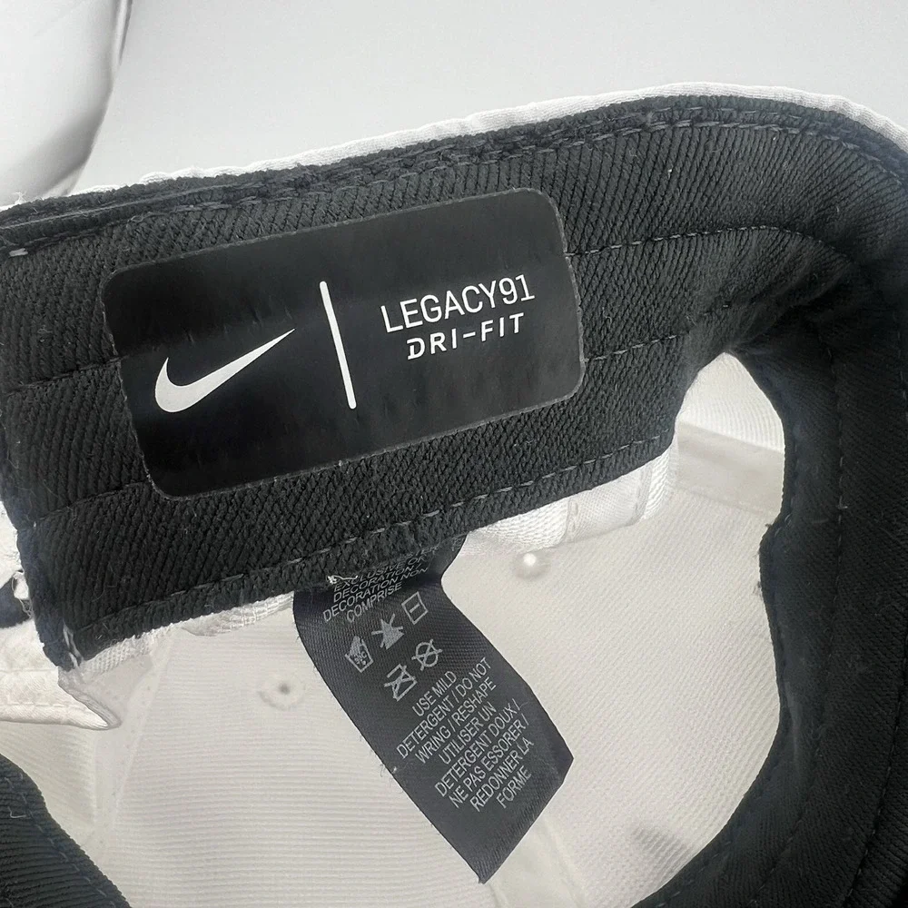 Nike Legacy91 Dri-FIT White Black Swoosh Adjustable Strapback Hat Cap OSFM